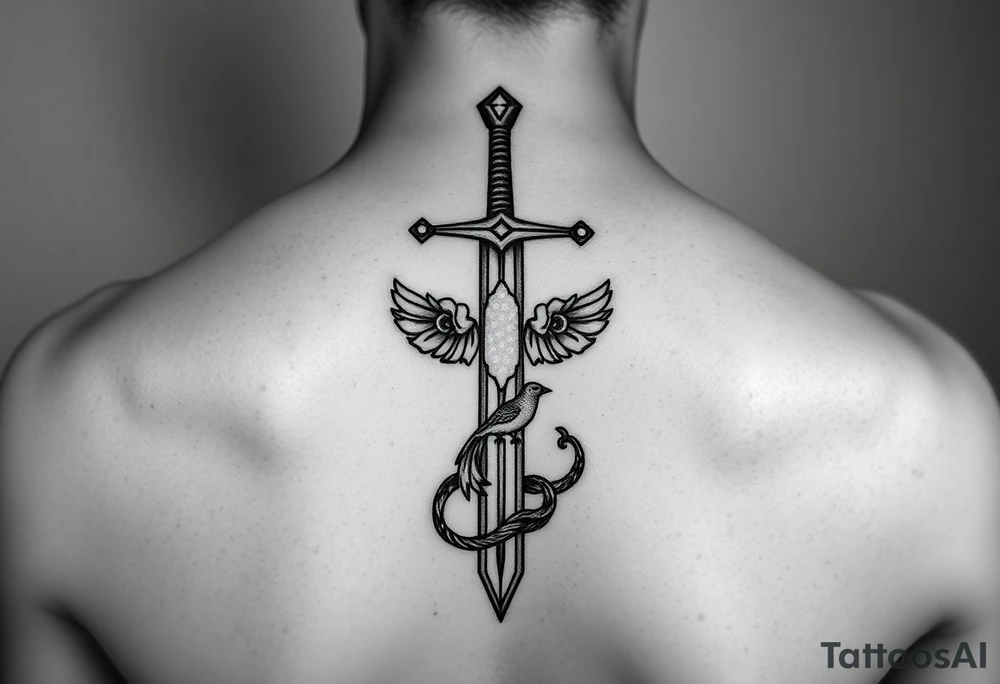 Cross sword on arm darkened in with roses pearls on the sword and a small phoenix rising from the ashes feminine tattoo idea