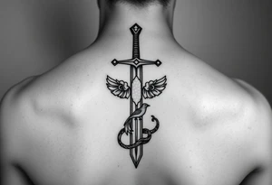 Cross sword on arm darkened in with roses pearls on the sword and a small phoenix rising from the ashes feminine tattoo idea