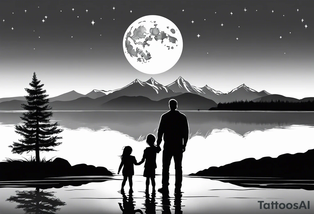 Father in between 6 year old daughter and 2 year old son. Standing in front of water with their reflection with tree beside them and mountains in the background. Moon in the sky reflecting in the water tattoo idea