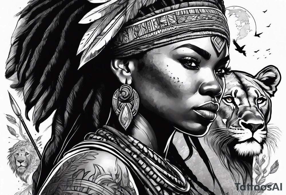 African woman warrior holding a spear with a mean look on her face with birds in the background and lion tattoo idea