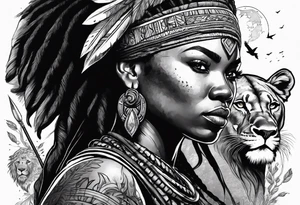 African woman warrior holding a spear with a mean look on her face with birds in the background and lion tattoo idea