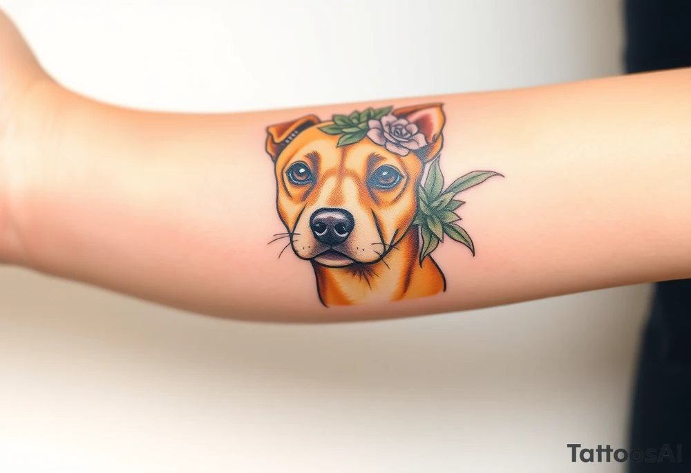 tan staffie with succulents and flowers surrounding her head tattoo idea