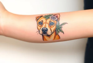 tan staffie with succulents and flowers surrounding her head tattoo idea