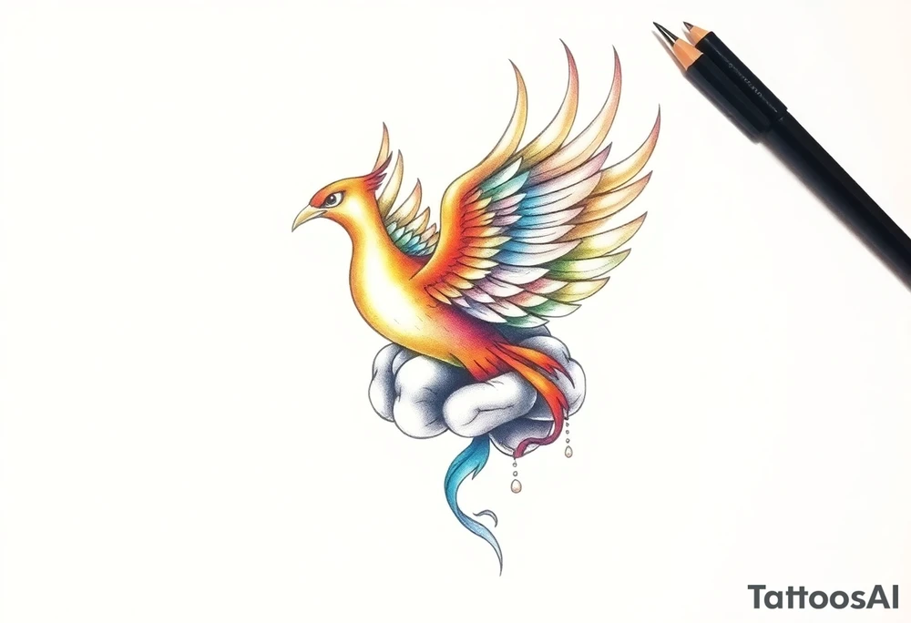 A phoenix flying out of a brain colorful tattoo idea