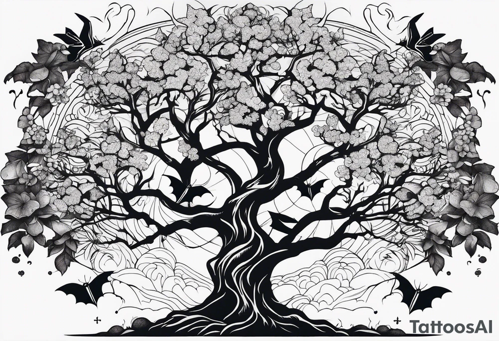 cross tree of life bats tattoo idea