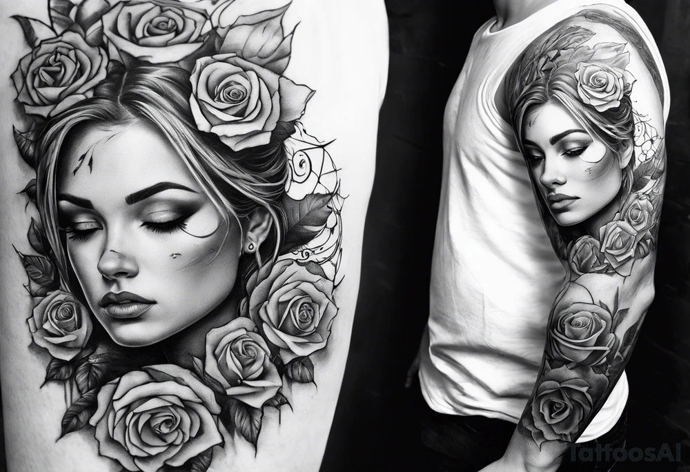 fool sleeve,, abandoned old gotic house, broken sword, roses, tattoo idea