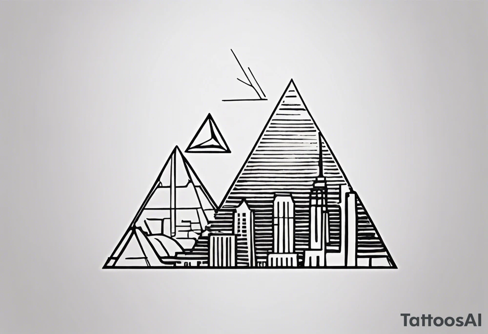 "Design a minimalist yet meaningful tattoo featuring a subtle fusion of the Pyramids of Giza and the Manhattan skyline. Opt for clean lines and essential elements, such as the silhouettes of the pyramids integrated with key skyscrapers. Consider a monochromatic color scheme to maintain simplicity, and choose a compact size for an understated yet impactful representation of your Egyptian and New York connections tattoo idea