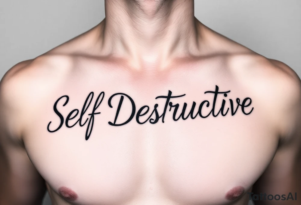 Outline of the words Self Destructive in a bold think cursive font lettering across the chest tattoo idea