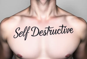 Outline of the words Self Destructive in a bold think cursive font lettering across the chest tattoo idea