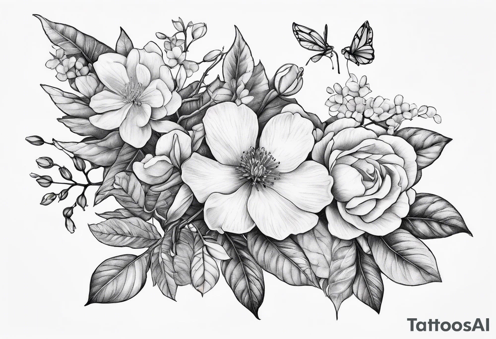 Botanical upper arm tattoo with natural and realistic looking honeysuckle and wild roses interwoven and a long tailed tit perched on it tattoo idea