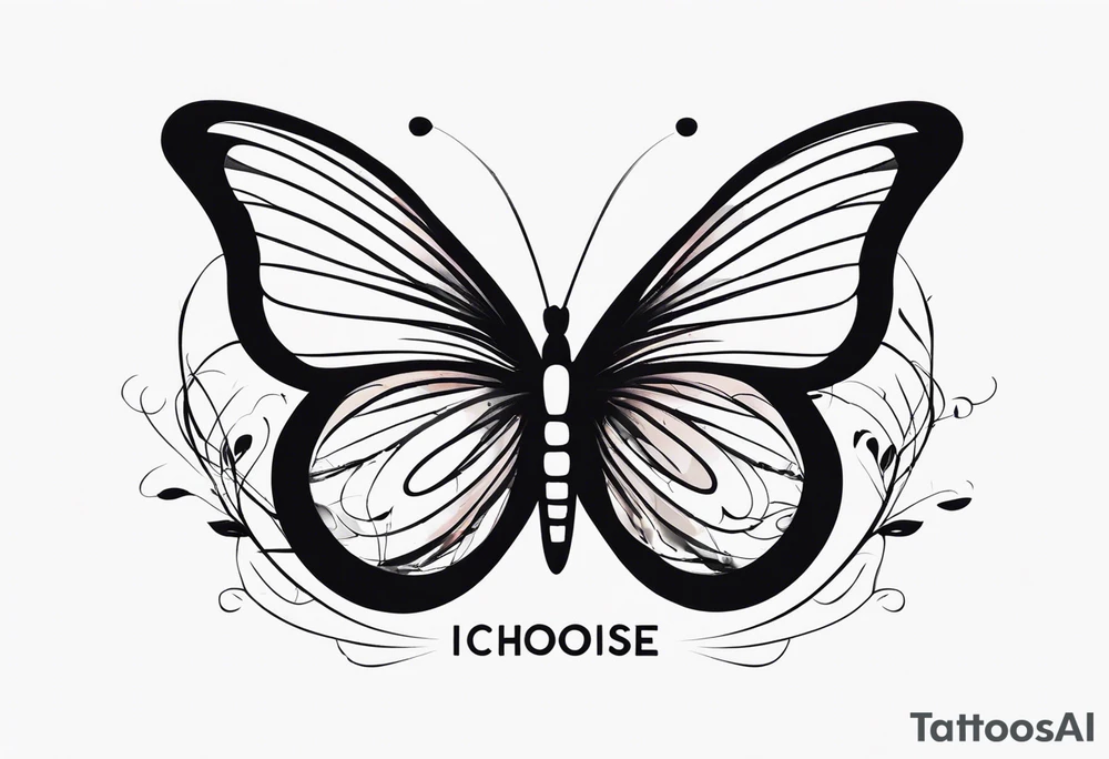 butterfly with one wing black scribbles, the other wing beautiful and colorful, the body has the date 1.9.2023 and the words written "I chose to live." tattoo idea