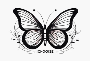 butterfly with one wing black scribbles, the other wing beautiful and colorful, the body has the date 1.9.2023 and the words written "I chose to live." tattoo idea