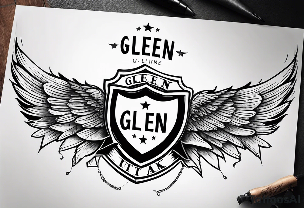 A simple tattoo with the word Glenn on a banner with angel Wings tattoo idea