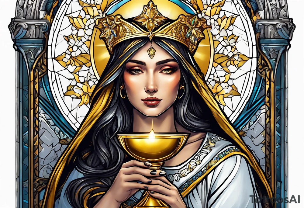 holy saint woman turned away with golden halo holding a chalice tattoo idea