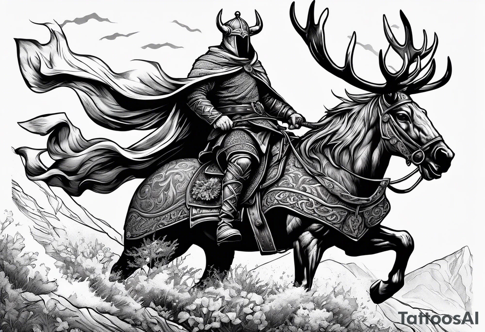 Hooded viking in the land of the dead riding on a raindeer with no face tattoo idea