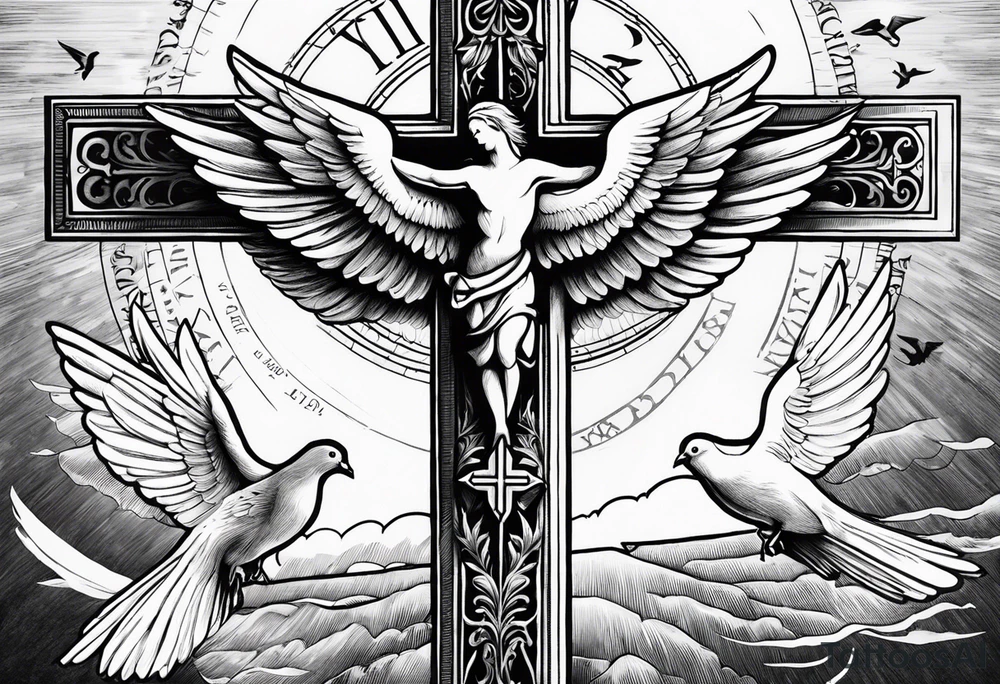 A Cross with doves in the rays of sun with the date 08/21/2024 in Roman numerals in it with Bible verse
Jeremiah 29:11 tattoo idea