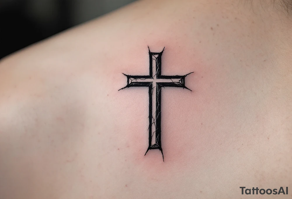 Cross in bold black with a cracked effect on man´s face under a eye. tattoo idea Cross in bold black with a cracked effect on man´s face under a eye. tattoo idea