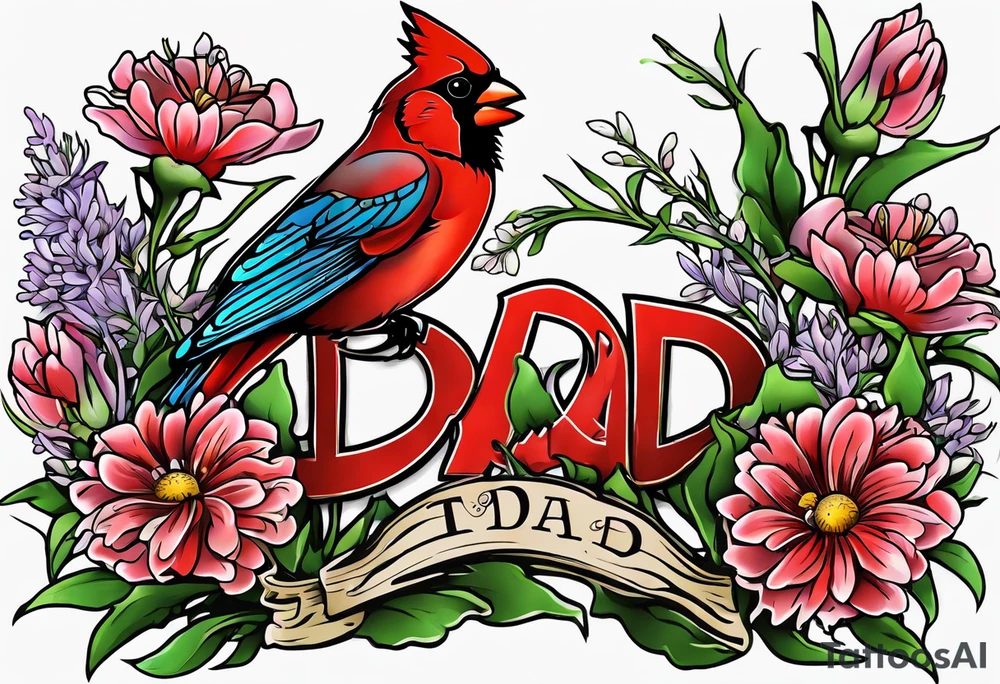 Aster flowers and sea rocket flowers with a cardinal around the words Dad tattoo idea