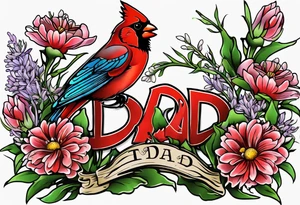 Aster flowers and sea rocket flowers with a cardinal around the words Dad tattoo idea