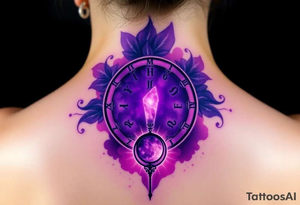 A deep purple crystal lock with glowing runes, and a crescent moon-shaped key radiating a mystical aura tattoo idea