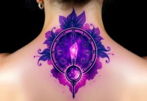 A deep purple crystal lock with glowing runes, and a crescent moon-shaped key radiating a mystical aura tattoo idea