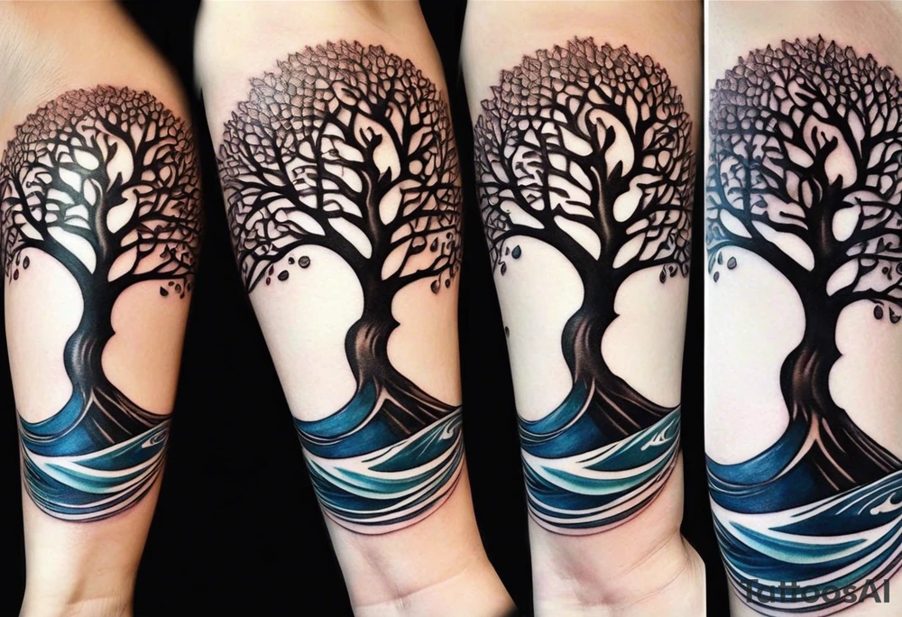 A tattoo of an abstract Tree of life tattoo to be placed on the upper side bicep of a woman. It can wrap around the arm a little. It should have roots growing out of the bottom. The roots slowly turn into water from the great wave by Hokusai. A golf flag should be placed discreetly growing out of the ground. 2 license plate tags should be hanging from the tree. Place a few music notes in the areas the leaves should be. The letters A U should be engraving into the tree trunk in a heart tattoo idea