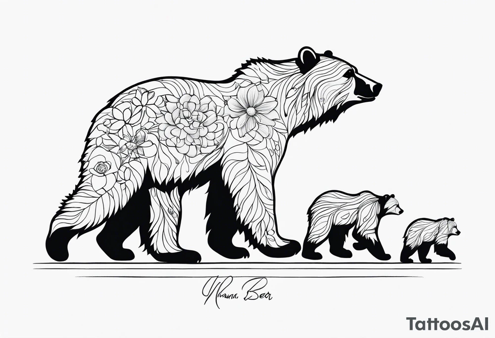 Outline drawing of the profile of a mama bear followed by three cubs in a line. The four bears are connected together with a delicate floral pattern. tattoo idea