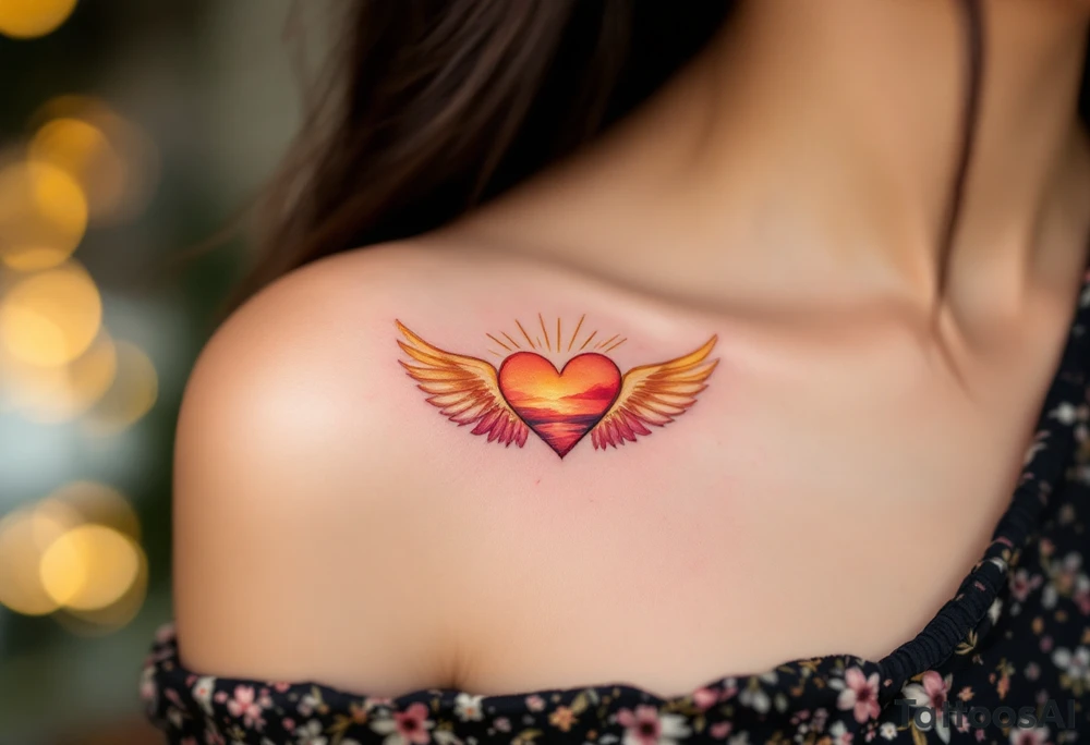 Sunset Heart with Sunburst Wings – A heart painted in shades of orange, pink, and red, with yellow and golden sunburst wings, symbolizing love that shines bright through darkness. tattoo idea