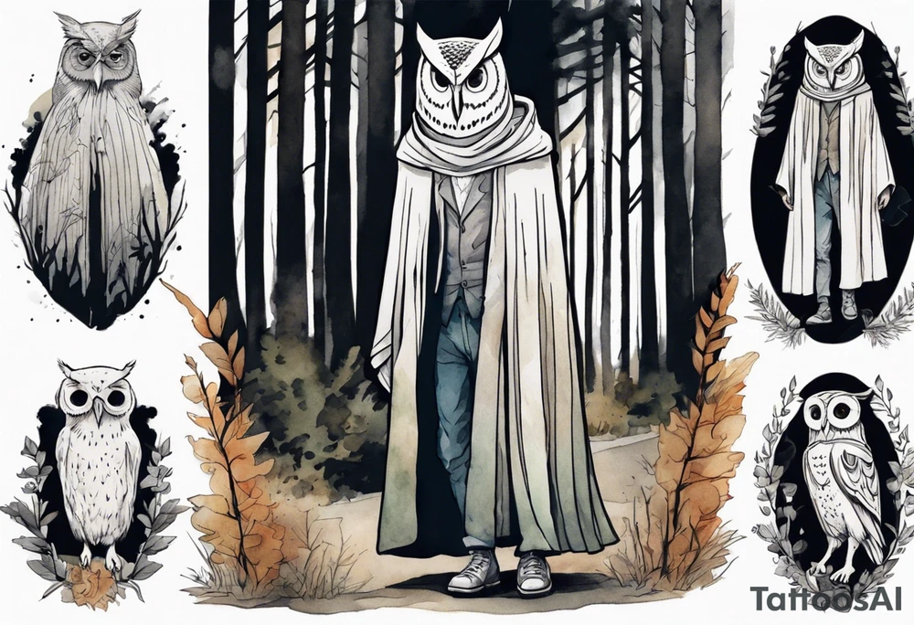 a tall thin man in a cloak wearing an owl mask walking in a forest tattoo idea