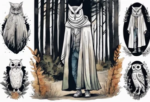 a tall thin man in a cloak wearing an owl mask walking in a forest tattoo idea