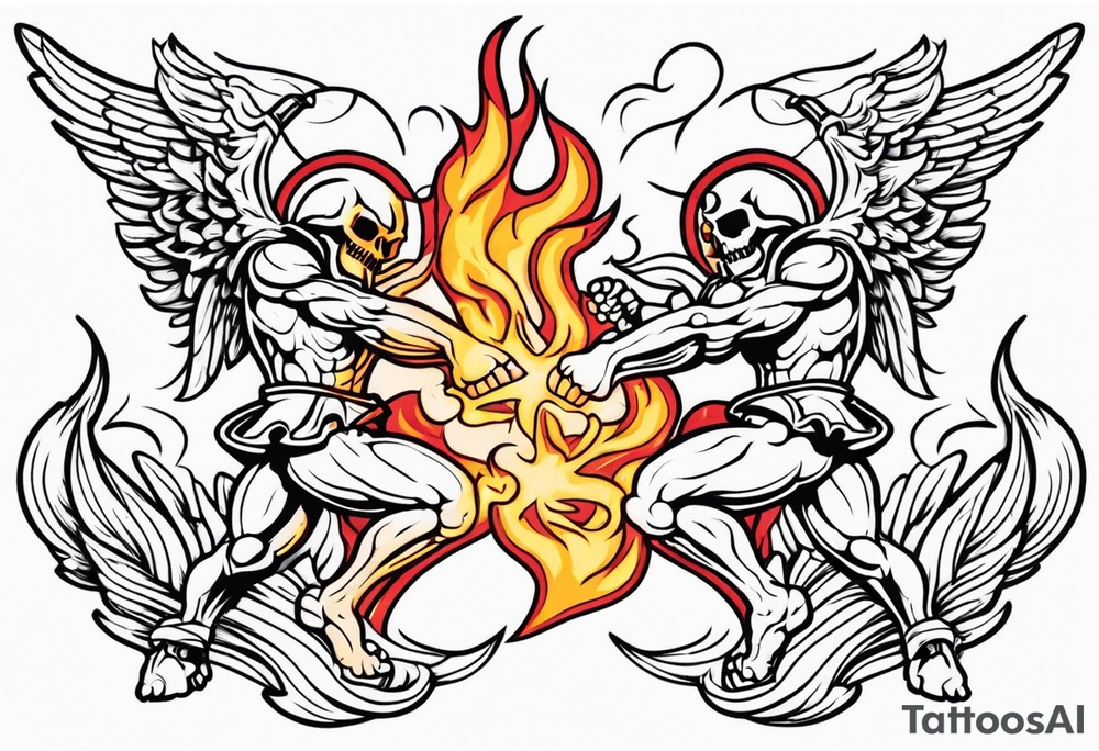 Angels fighting demons over fire with skuls in the background tattoo idea