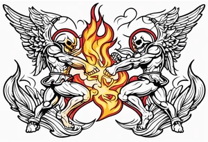 Angels fighting demons over fire with skuls in the background tattoo idea