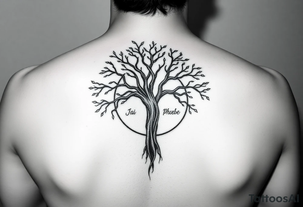 tree of life with circle. names Jai , Phoebe, Imogen, Matilda in the circle tattoo idea
