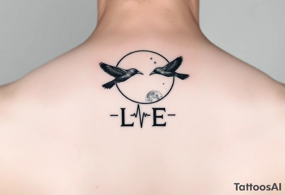 Create a minimalist tattoo design symbolizing the deep connection between a mother and daughter, featuring the initials L and E. Incorporate two crows flying around a full moon, connected by an ECG heartbeat line that represents their shared life energy. The design should feel mystical, balanced, and emotionally meaningful.” initials L and E but smal and simplistic tattoo idea