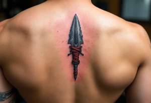 A hand-carved flint arrowhead in gray with red cord wrapping, symbolizing strength and survival tattoo idea