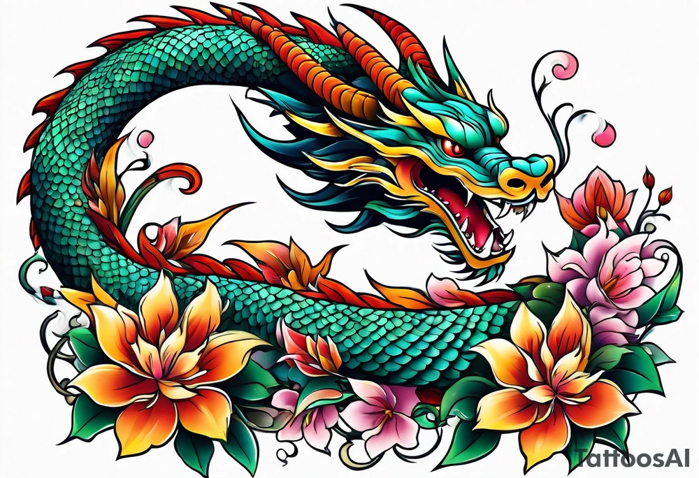 long dragon with colorful flowers tattoo idea