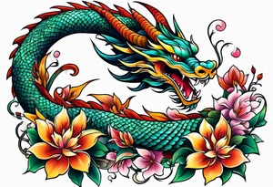 long dragon with colorful flowers tattoo idea