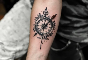 Rustic half compass half clock with a long native American arrow pointing at my wrist with the words “True North” and says "Isaiah 40:31" tattoo idea