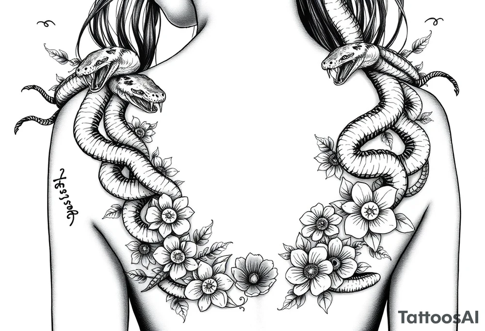 Medusa gangster snakes coming out of hair with flowers and quotes tattoo idea