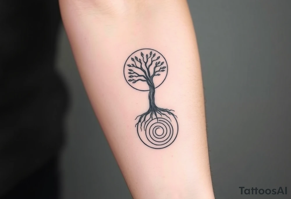 Tree inside of sun, spiral circle roots. A spiral line moving to the right tattoo idea