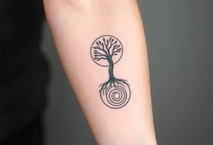 Tree inside of sun, spiral circle roots. A spiral line moving to the right tattoo idea