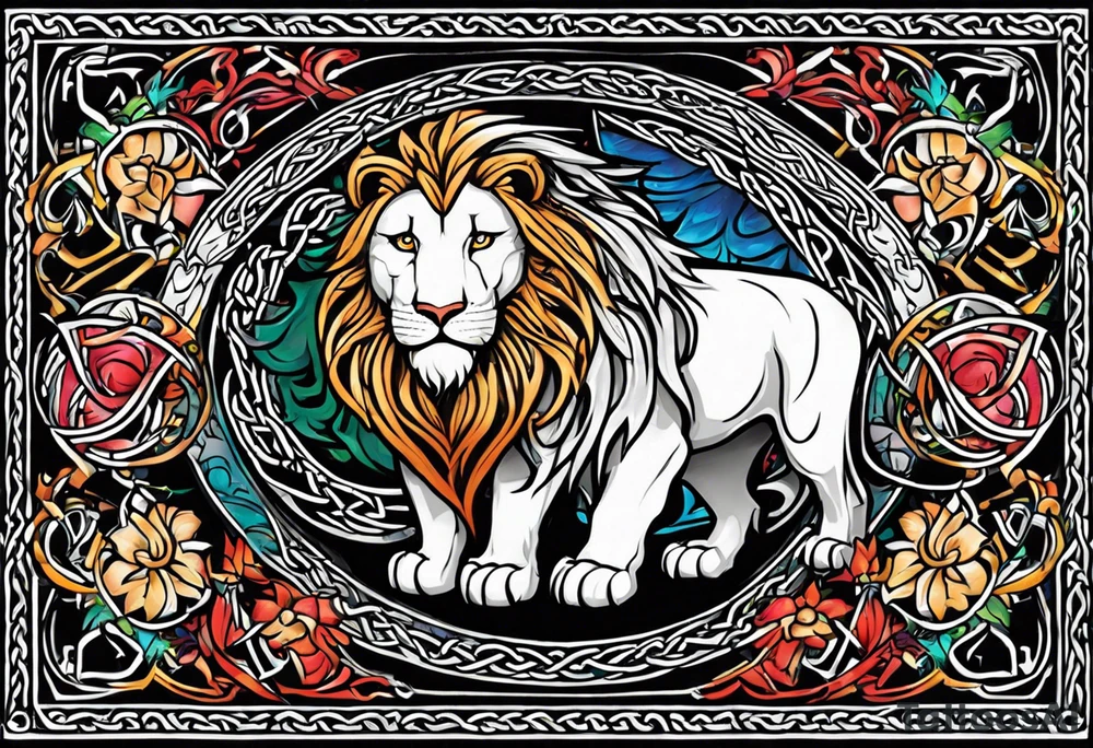 celtic band for around an arm, incorporating the word love, a gryphon, a lion, a unicorn and a hare tattoo idea