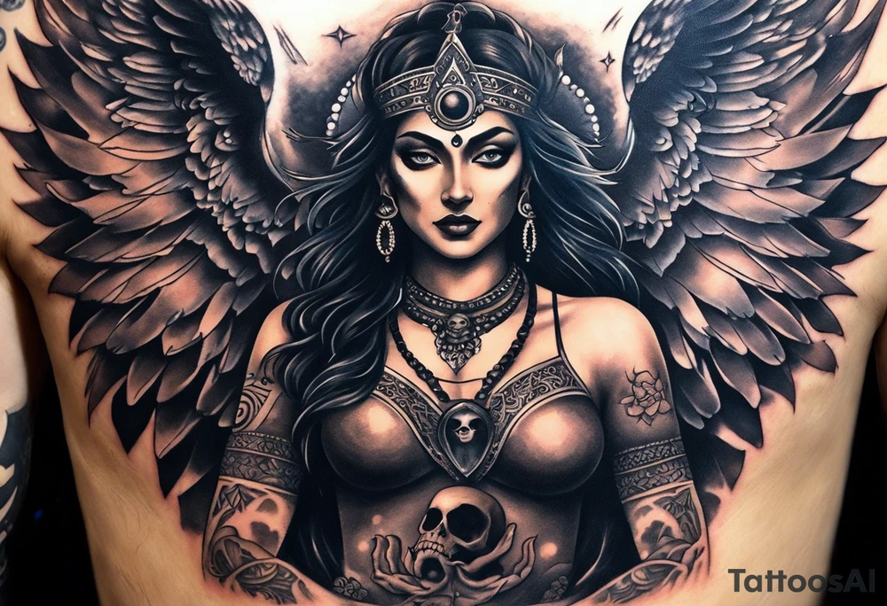 black kali, goddess pirate, alien, angel, pachamama, valkrye, warrior, flying, skull, lotus azul, wing, eagle, zenza resonance, stars, 5D, anahata chakra, death, durga, riding on a tiger, flying lady, kundalini, chest tatoo, rebel tattoo idea