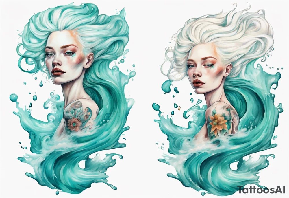 a tall albino woman made of water with turquoise hair sitting upon a wave tattoo idea