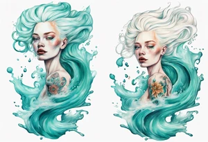 a tall albino woman made of water with turquoise hair sitting upon a wave tattoo idea