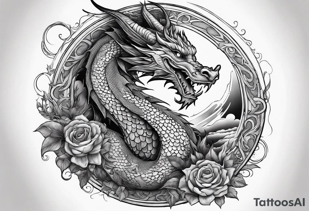 Dragon with Seven number format with full moon on background tattoo idea
