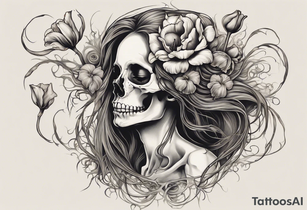 A profile view of a joyful female skull adorned with flowing, long hair, surrounded by symbolism representing the cycle of life and decay. Include a contrast between a fully decayed tulip, a pristine and vibrant tulip in full bloom, and a delicate tulip bud, all harmonizing with the eerie yet beautiful ambiance of the scene. tattoo idea