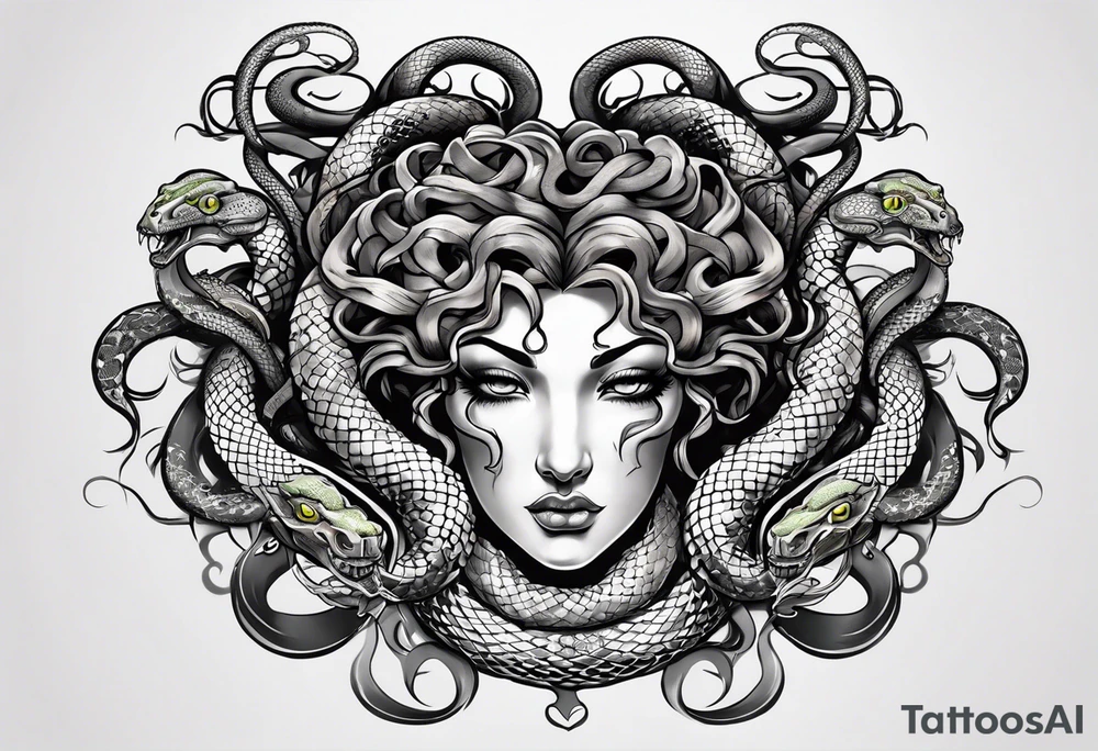 Neo traditional Medusa heads with snakes eating man's heart tattoo idea