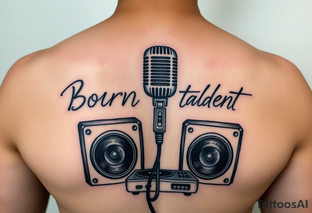 natural born talent written with a microphone and speakers with an old record player tattoo idea