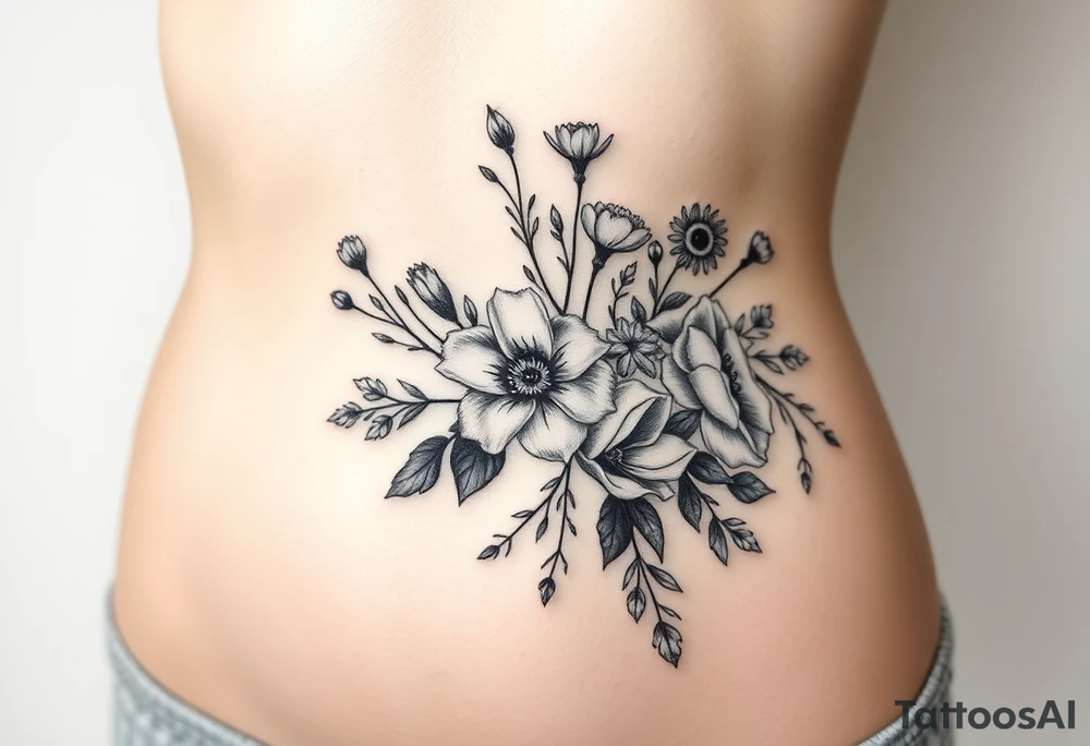 vintage bouquet of wild roses and meadow flowers with morning dew tattoo idea